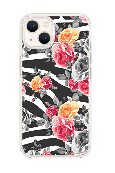 mooodcase iPhone 15 Uyumlu Zebra Gülleri Desenli Şeffaf Silikonlu Telefon Kılıfı