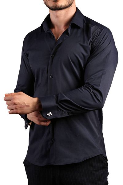 Dicotto Екстра слим крой от гъвкав микро плат от ликра - мъжка риза Slim Fit с копчета за ръкавели, тъмносиня - 195-12