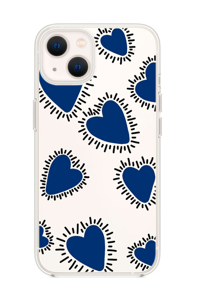 mooodcase iPhone 13 Uyumlu Çizgili Mavi Kalpler Desenli Şeffaf Silikonlu Telefon Kılıfı