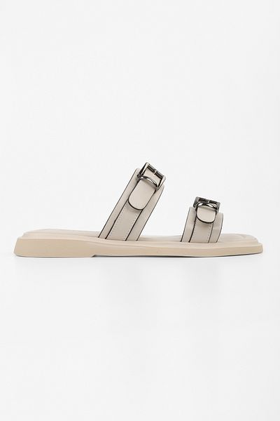 Shoeberry Women's Taliya Beige Skin Buckle Slippers