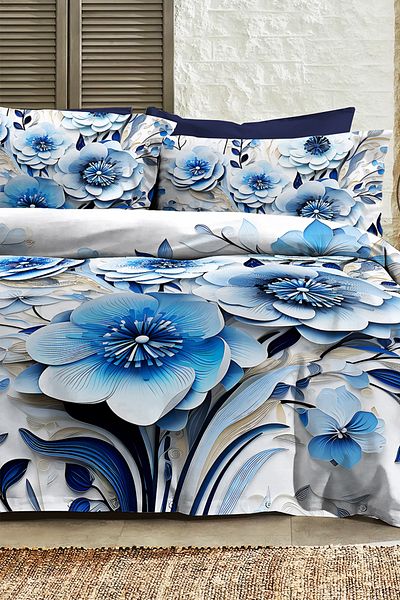 MonoHome 100% Cotton Ranforce Dowry Luxury 5D Digital Double Duvet Cover Set Blue