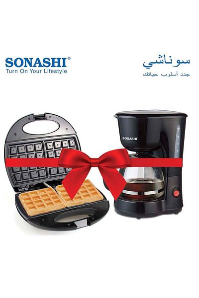 sonashi 2-Slice Non-Stick Waffle Maker With Drip Coffee Maker Bundle 750 W SWM-873 + SCM-4920 Black