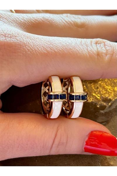 SE Jewellery Collection Selin Ersoy C White Enameled Navy Blue Stone Detailed Stylish Women's Hoop Earrings 1.7 cm