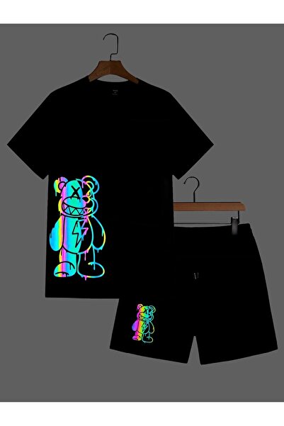 donamod Black and White Men's Oversize Neon Bear Design T-Shirt Shorts Combin...