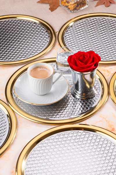 Aslı Hediyelik 6-Piece Luxury Medium Patterned Edge Coated Round 22 cm Model Silver Serving, Tea, Coffee Presentation Tray