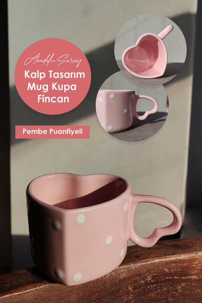 Anadolu Saray El Yapımı Seramik Pembe Puantiyeli Kalp Tasarım Mug Kupa Fincan Mug Fincan Kupa Kahve Kupası