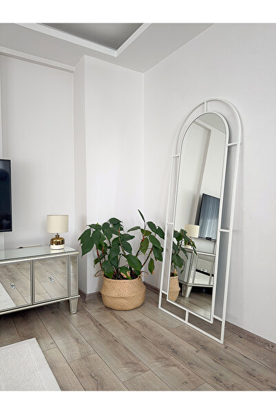 EFFE YAPI DEKOR Beyaz Metal Çerçeveli 180x70 Cm Pencere Model Oval Ayaklı Boy Aynası