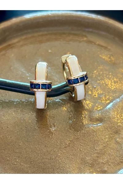 SE Jewellery Collection Selin Ersoy C White Enameled Navy Blue Stone Detailed Stylish Women's Hoop Earrings 2.2 cm