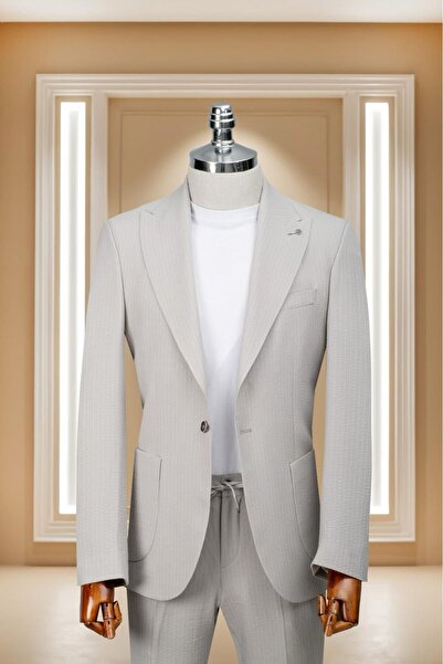 WENNO Takım Elbise İtalyan Kesim Spor İpli SlimFit Çizgili Gri