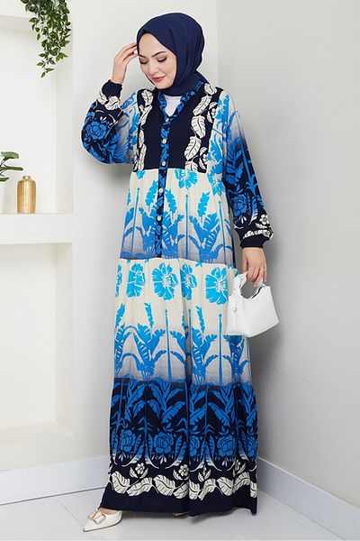 Bestenur Seyer Half Button Woven Viscose Dress 1485 - Indigo