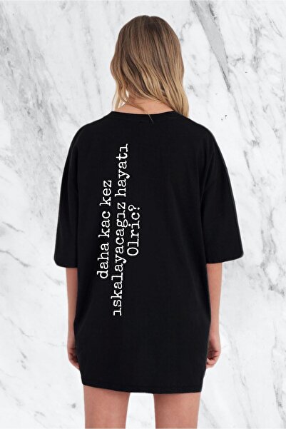 donamod Tricou replică negru cu imprimeu Olric pe spate oversize pentru femei