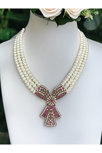 FAYRA ACCESSORIES Kristal Taşlı Tasarım İnci Kolye