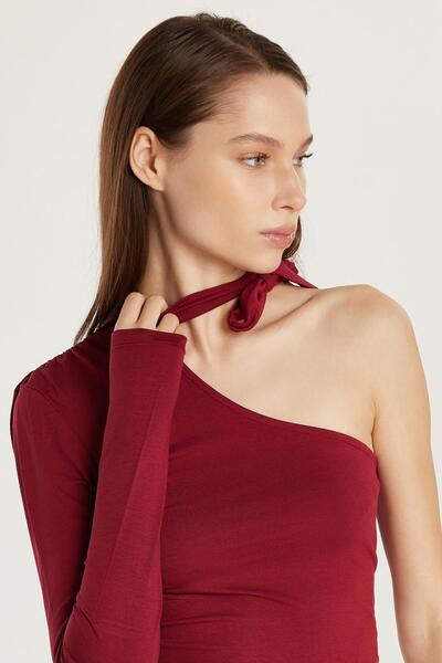 Tudors Women's Standard Fit Corded Single Sleeve Asymmetric Collar Burgundy Blouse