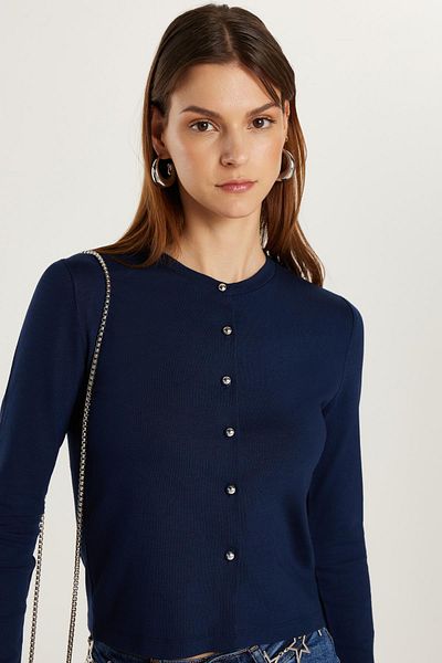 Tudors Women's Standard Fit Regular Cut Crew Neck Navy Blue Cardigan