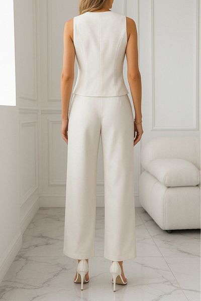 Viyamo New Season Women's Zero Sleeve Cross V-Neck Front Buttoned Atlas Vest and Pants Two-Piece Set