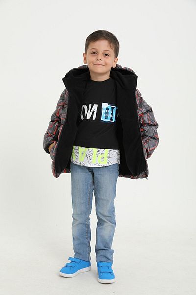 freemen Boy's Black Geometric Pattern Fleece Water and Windproof Hooded Puffer Winter Coat