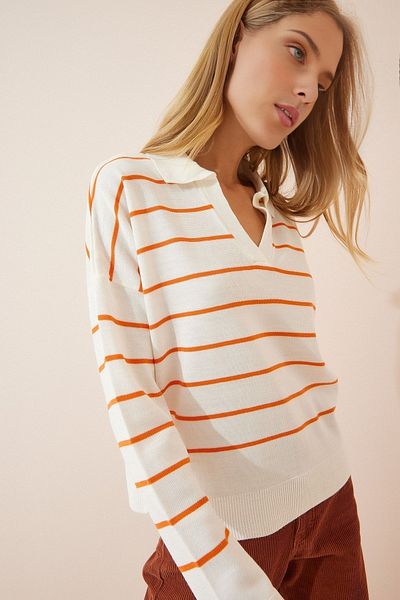 KURGAN TEKSTİL Women's Striped Polo Neck Seasonal Knitwear Sweater