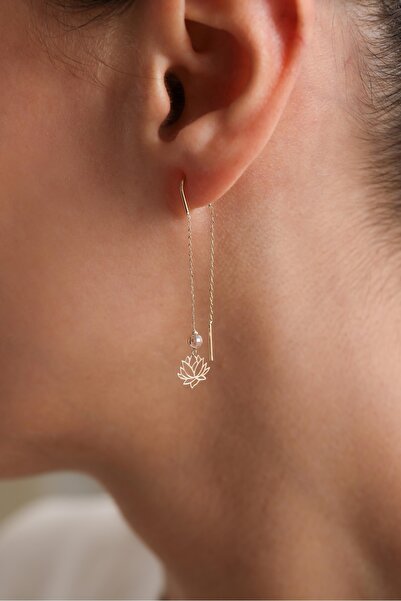 Giza Jewelry 14 Ayar Altın Sallantılı Taşlı Lotus Işıltılı Küpe