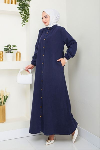 Bestenur Τζιν φόρεμα Ziyer με κουμπιά 1498 - Navy Blue