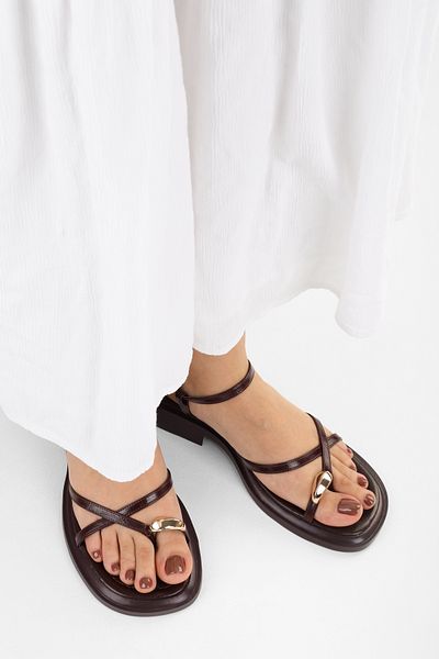 Shoeberry Women's Bianca Burgundy Skin Buckle Sandals