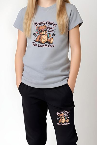 FYK KİDS Girl's Round Neck Printed Bearly Chillin Lower-Top Pjamas Suit