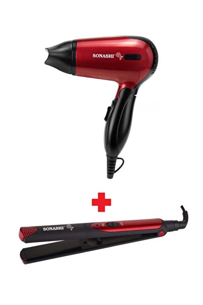 sonashi 2-in-1 Ceramic Hair Straightener Red with Mini Foldable Travel Hair Dryer Red 1200W SHD-5005