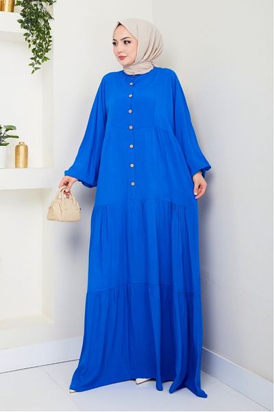 Bestenur Φόρεμα Kiyar με μισό κουμπί υφαντό βισκόζη 1510 - Saks Blue