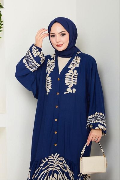 Bestenur Φόρεμα Alyes με μισό κουμπί βισκόζης 1503 - Navy Blue