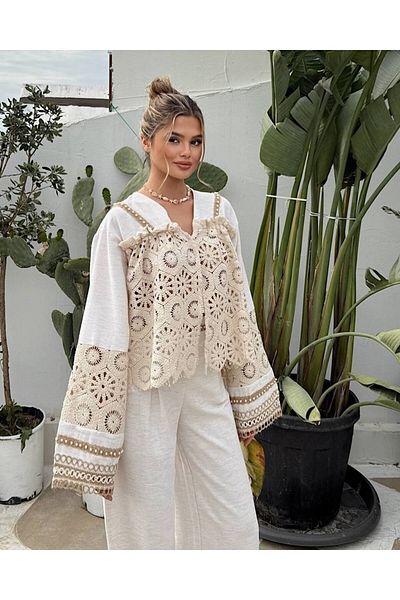 Bak'ap Premium Design Guipure Pearl Embroidered Lace Linen Shirt Loose Wide Leg Pants Set