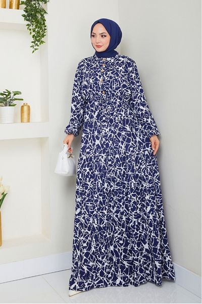 Bestenur Sevil Φόρεμα με μισό κουμπί υφαντό βισκόζη 1504 - Navy Blue