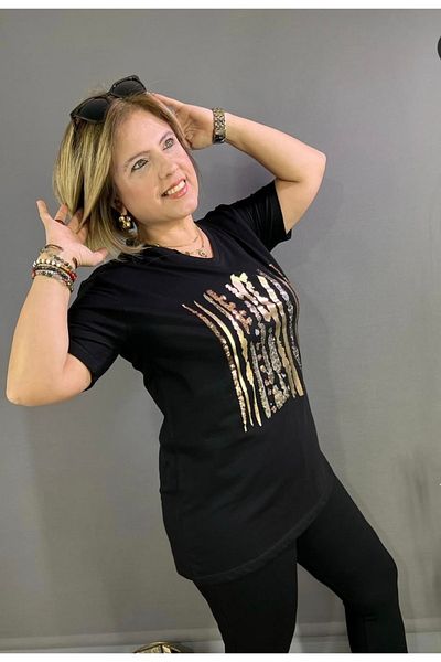 MODA Large Size Quality Black Lame Printed Premium T-Shirt