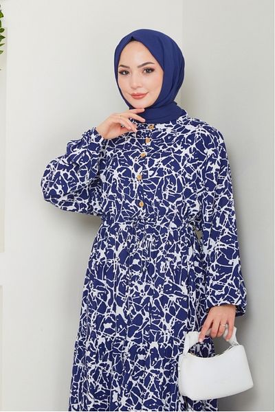 Bestenur Sevil Φόρεμα με μισό κουμπί υφαντό βισκόζη 1504 - Navy Blue
