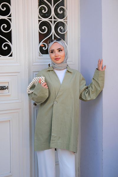 LOCCO سترة نسائية من الكتان بياقة مزدوجة الصدر باللون الأخضر الفستقي