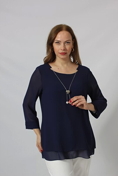 Moda Berray 1934 Kolyeli Şifon Büyük Beden Şık Bluz Lacivert