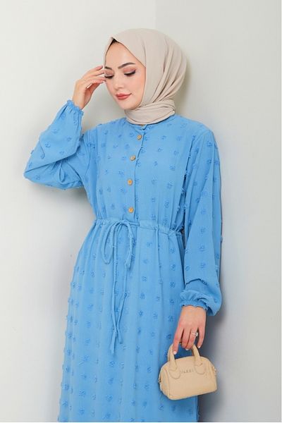 Bestenur Φόρεμα Ayrobin με μισό κουμπί Pompom 1499 - Baby Blue