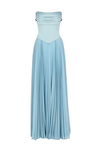 cercis Straplez Drapeli Eteği Piliseli Uzun Abiye Elbise