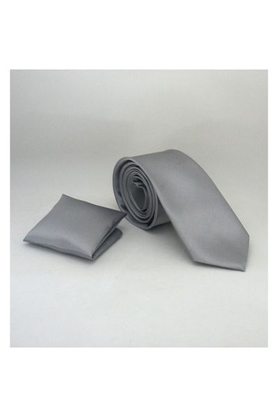 Gaffy Γκρι Slim Fit μονόχρωμη σατέν γραβάτα με μαντήλι - Ss-04