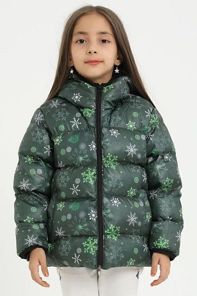 freemen Girl's Green Snowflake Pattern Fleece Water and Windproof Hooded Puffy Winter Coat