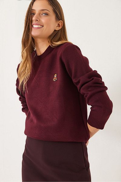 KURGAN TEKSTİL Women's Teddy Embroidered Crew Neck Basic Sweater