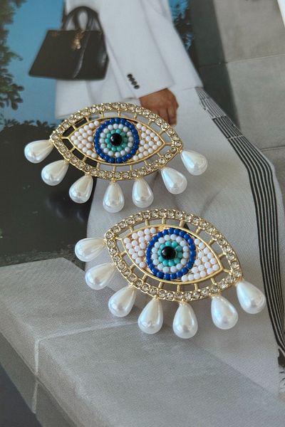 Trendy Butik Vip Bead and Pearl Detailed Eye Earrings