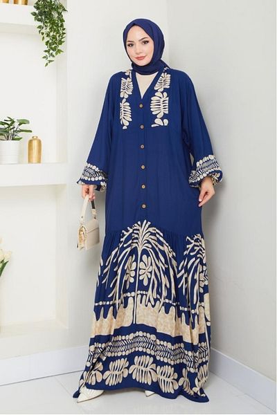 Bestenur Φόρεμα Alyes με μισό κουμπί βισκόζης 1503 - Navy Blue