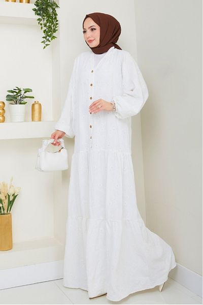 Bestenur Φόρεμα Cense Half Button 1496 - Λευκό