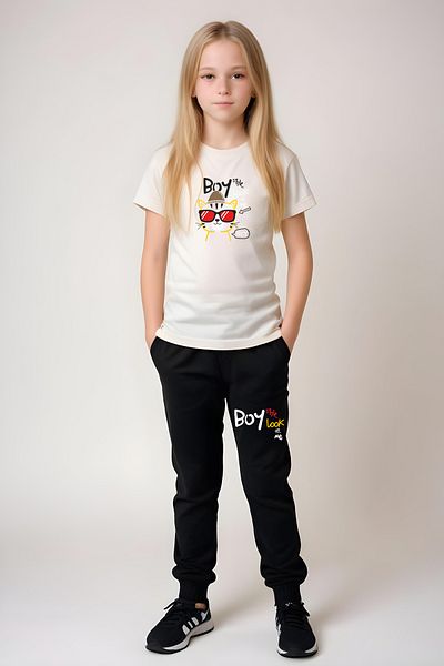 FYK KİDS Girl's Round Neck Printed Boy Cat Lower-Top Pjamas Suit