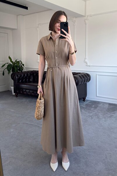 QİMYA BUTİK MAGARDE Γυναικείο μακρύ φόρεμα με πλισέ μέση με κουμπιά και κοντό...