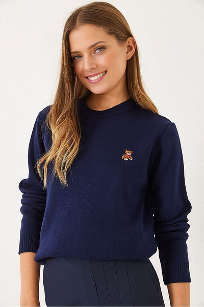 KURGAN TEKSTİL Women's Teddy Embroidered Crew Neck Basic Sweater