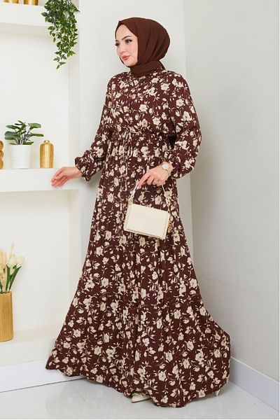 Bestenur Serra Φόρεμα με μισό κουμπί υφαντό βισκόζη 1500 - Bitter Brown