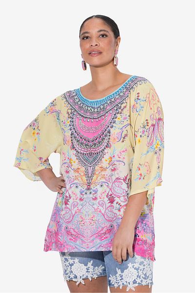 Şans Women's Large Size Colorful, Stone Detailed Patterned Blouse 65N38968