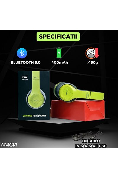 MACVI Macvi® P47 wireless stereo headphones, Bluetooth 5.0, FM radio, noise reduction, foldable, card, green