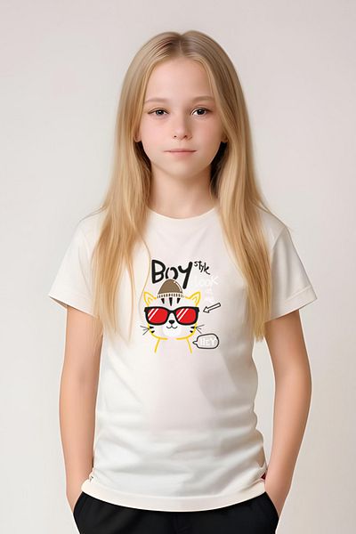 FYK KİDS Girl's Round Neck Printed Boy Cat Lower-Top Pjamas Suit