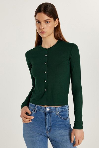Tudors Women's Standard Fit Regular Cut Crew Neck Green Cardigan